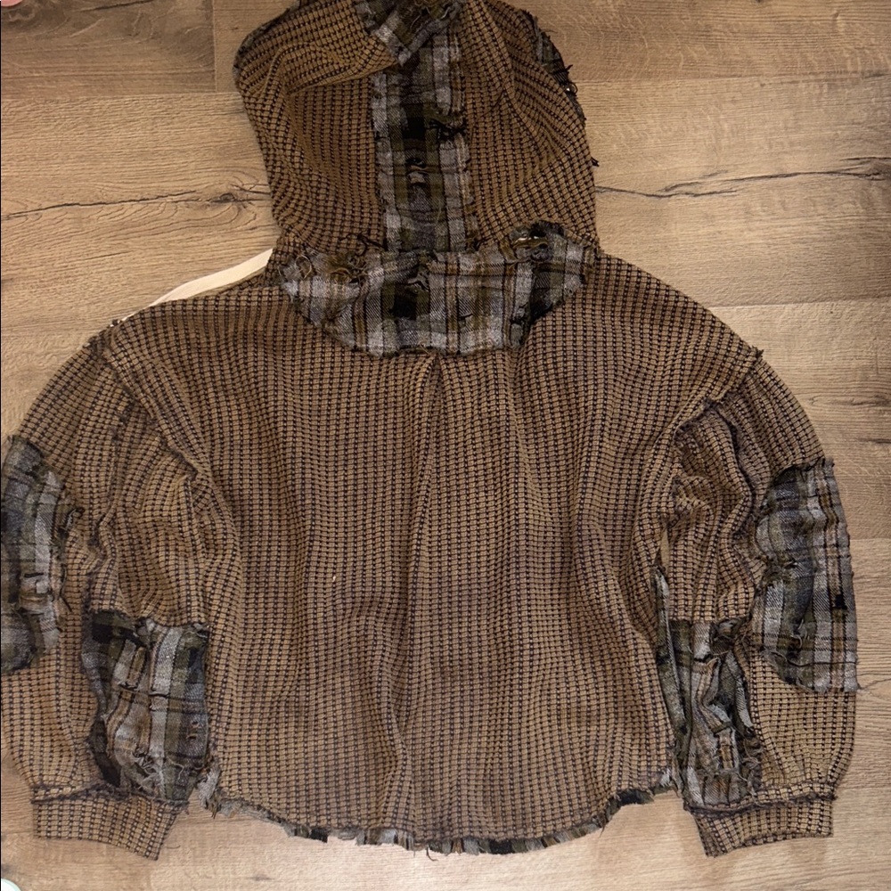 POL Brown Waffle-Knit Patchwork Cropped Hoodie NWT - image 5